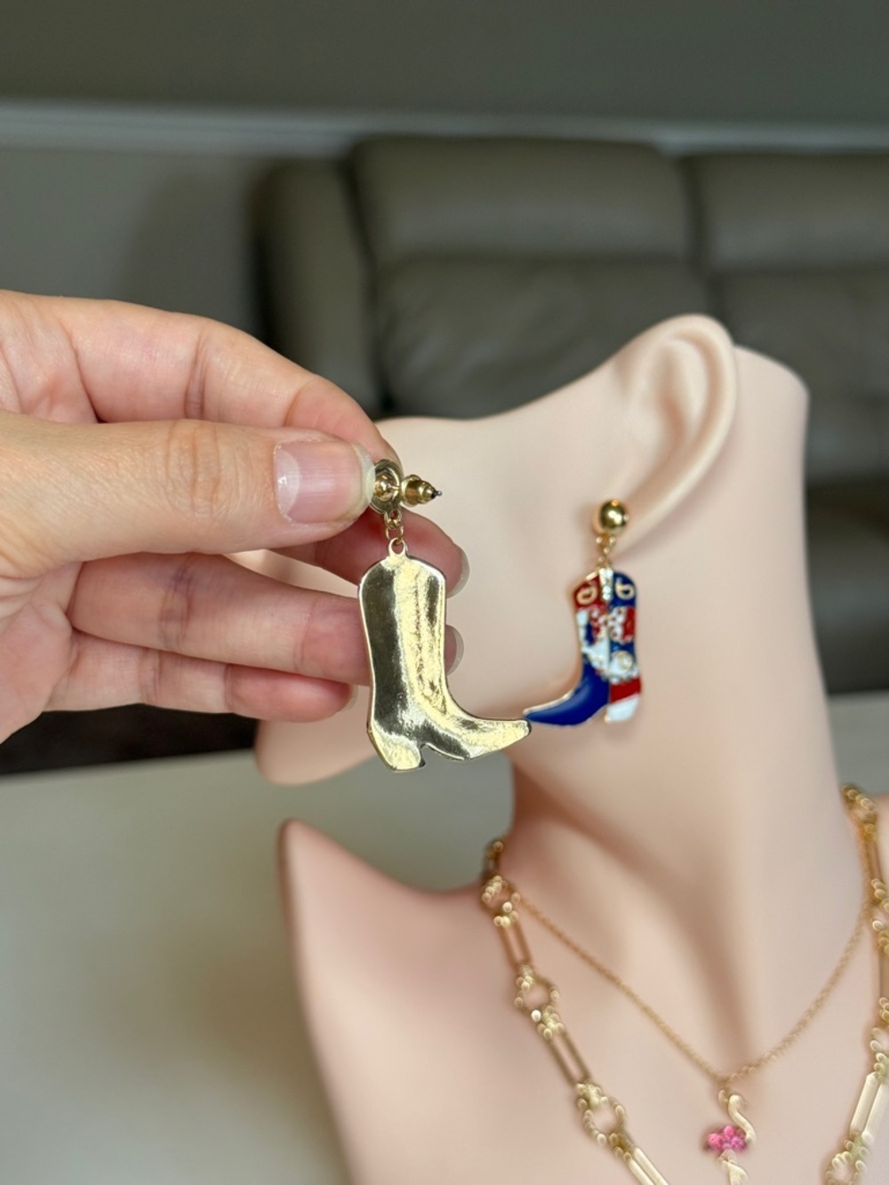 Gold Red, White & Blue Cowgirl Boot Drop Earrings - Picture 8 of 11